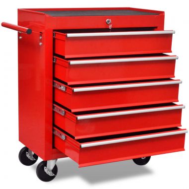 Červený dielenský vozík na náradie s 5 zásuvkami