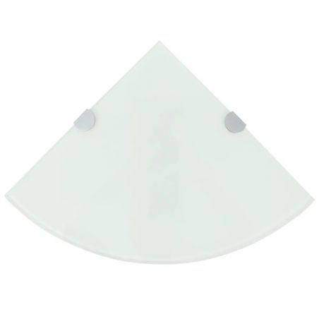 Rohová polička s chrómovanou podperou, sklenená, biela, 35x35 cm