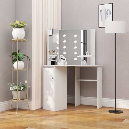 Rohový toaletný stolík make-up stolík s LED osvetlením biely 