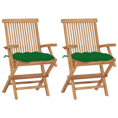Záhradné stoličky so zelenými podložkami 2 ks tíkový masív