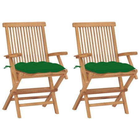 Záhradné stoličky so zelenými podložkami 2 ks tíkový masív