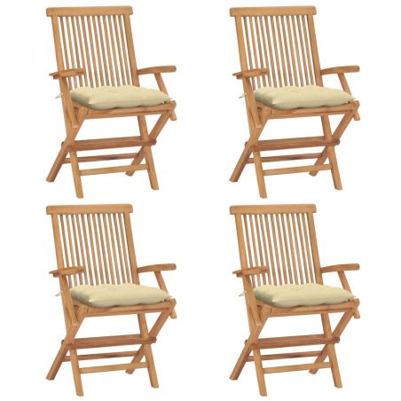 Záhradné stoličky s krémovo-bielymi podložkami 4 ks tíkový masív