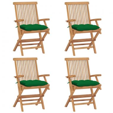 Záhradné stoličky so zelenými podložkami 4 ks tíkový masív