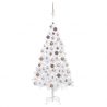 Osvetlený umelý vianočný stromček s guľami, biely 150 cm, PVC