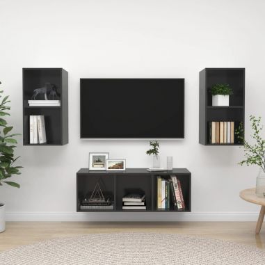 3-dielna súprava TV skriniek vysokolesklá sivá drevotrieska