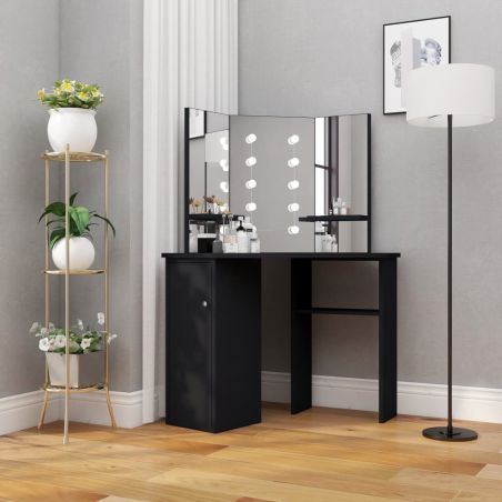 Rohový toaletný stolík s LED čierny 111x54x141,5 cm