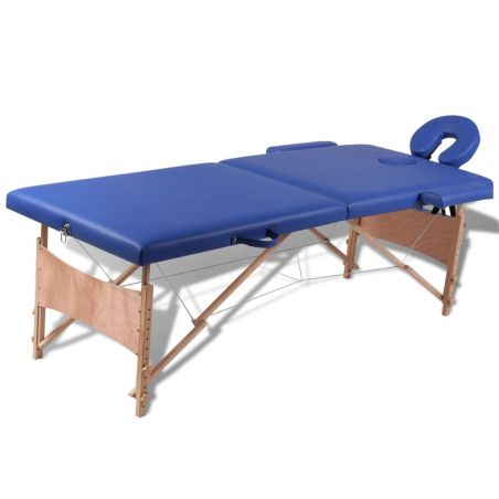 Modrý skladací masážny stôl s 2 zónami a dreveným rámom