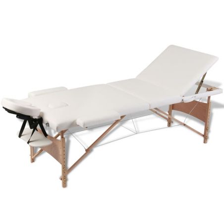 Krémovo biely skladací masážny stôl s 3 zónami a dreveným rámom