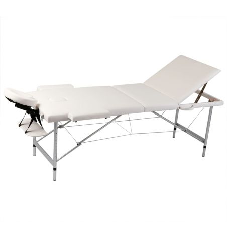 Krémovo biely skladací masážny stôl s 3 zónami a hliníkovým rámom