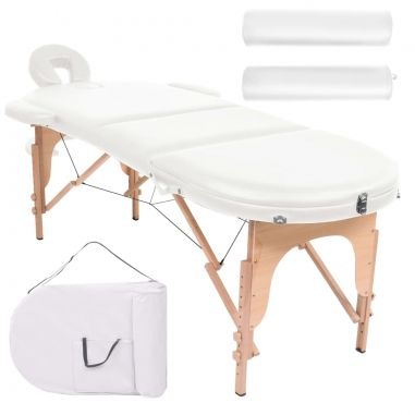 Skladací masážny stôl, 4 cm hrubý, 2 podhlavnky, oválny, biely