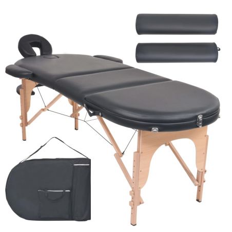 Skladací masážny stôl, 4 cm hrubý, 2 podhlavnky, oválny, čierny