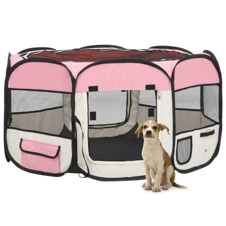 Skladacia ohrádka pre psa s prenosnou taškou ružová 125x125x61 cm